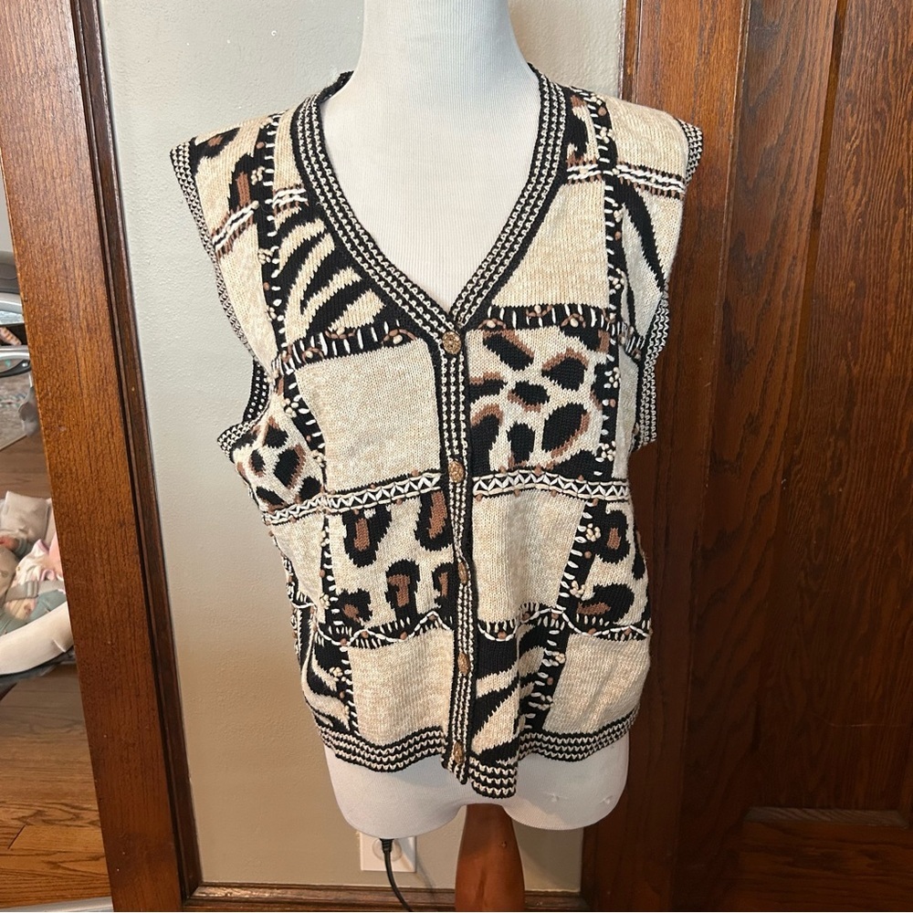 Koret Sweater Vest Button‎ Up Animal Print Leopard Cheetah Zebra Medium Vintage